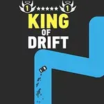 Čierne pozadie s modrou kľukatou cestou a názvom King of Drift s malým čiernym autom driftujúcim na ceste