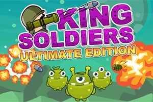 Farebná ilustrácia s titulom KING SOLDIERS ULTIMATE EDITION s tromi zelenými mimozemšťanmi s očami a explóziami na pozadí