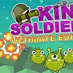 Farebná ilustrácia s titulom KING SOLDIERS ULTIMATE EDITION s tromi zelenými mimozemšťanmi s očami a explóziami na pozadí