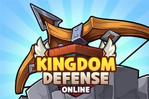 Nápis „Kingdom Defense Online“ pred veľkým kresleným lukom na modrom pozadí