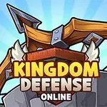Nápis „Kingdom Defense Online“ pred veľkým kresleným lukom na modrom pozadí