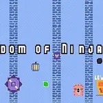 Modrá pixelová grafika s rôznymi farebnými postavami, textom a objektmi, vrátane oranžových dverí a nápisu Level Up v dolnej časti