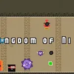 Pixelová grafika s nápisom Kingdom of Ninja 4 a rôznymi farebnými objektmi vrátane ninja postavy, dverí a fialového útvaru