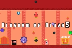 Pixelová grafika s textom Kingdom of Ninja 5 obklopená rôznorodými farebnými postavičkami a objektmi na oranžovom pozadí