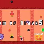Pixelová grafika s textom Kingdom of Ninja 5 obklopená rôznorodými farebnými postavičkami a objektmi na oranžovom pozadí
