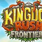 Farebný nápis Kingdom Rush Frontiers v štýle kresleného filmu s ozdobnými prvkami na modrom pozadí