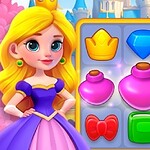Kreslená princezná v fialových šatách stojí vedľa hernej mriežky so symbolmi ako koruny, diamant a fľaštičky