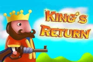 Kreslená postava kráľa s bradou a korunou drží pušku, vedľa ktorej je názov Kings Return na farebnom pozadí s oblohou a kopcami