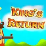 Kreslená postava kráľa s bradou a korunou drží pušku, vedľa ktorej je názov Kings Return na farebnom pozadí s oblohou a kopcami