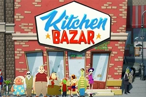 Skupina kreslených postáv stojí pred obchodom s nápisom Kitchen Bazar na tehlovej budove