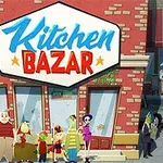 Skupina kreslených postáv stojí pred obchodom s nápisom Kitchen Bazar na tehlovej budove