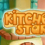 Farebný nápis Kitchen Star na pozadí kachľovej steny s kuchynskými predmetmi