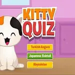 Roztomilá kreslená mačka sediaca na podlahe s tvarmi hviezd a nápisom Kitty Quiz vedľa výberu troch možností