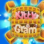 Text Kitty Gram s roztomilými zvieratkami ukrytými v štruktúre pripomínajúcej vafle na modrom pozadí so žiarivými hviezdami