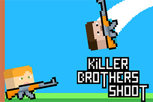 Dvaja postavy v pixelovej grafike s puškami na modrom pozadí, jeden skáče, druhý stojí na zemi, s textom KILLER BROTHERS SHOOT