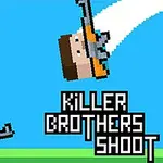 Dvaja postavy v pixelovej grafike s puškami na modrom pozadí, jeden skáče, druhý stojí na zemi, s textom KILLER BROTHERS SHOOT