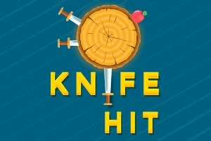Drevený terč s tromi zapichnutými nožmi a jabĺčkom na modrom pozadí, doplnený textom KNIFE HIT v žltých písmenách