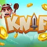 Kreslený obrázok s nápisom „KNIFE“ obklopený zlatými mincami, so zlostnou postavou naľavo a zelenou maskou napravo