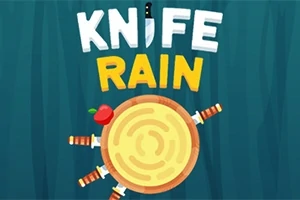 Nápis KNIFE RAIN nad terčom s nožmi zapichnutými okolo dreveného kruhu a červeným jablkom
