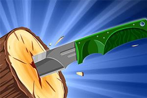 Nôž zabodnutý do dreveného pňa s modrým žiariacim pozadím