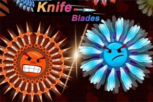 Dva kruhové objekty s tvárami a zbraňami, jeden oranžový a druhý modrý, s názvom Knife Blades hore
