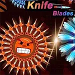 Dva kruhové objekty s tvárami a zbraňami, jeden oranžový a druhý modrý, s názvom Knife Blades hore