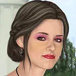 Žena s tmavohnedými vlasmi a ružovým očným tieňom stojí pred bielym stĺpom so stromami v pozadí
