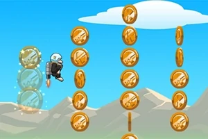 Postava letí s jetpackom cez oblohu, zbierajúc zlaté mince usporiadané do stĺpcov na pozadí hôr a oblakov