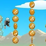 Postava letí s jetpackom cez oblohu, zbierajúc zlaté mince usporiadané do stĺpcov na pozadí hôr a oblakov