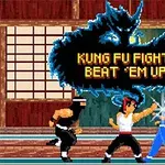 Dvaja pixeloví bojovníci v zápase s nápisom Kung Fu Fight: Beat Em Up pred tradičným ázijským pozadím s modrou aurou okolo textu