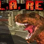 Tyranosaurus Rex s otvorenou tlamou v predu veľkomesta s nápisom L