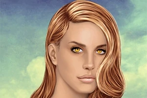 Žena so zlatými očami a vlnitými blond vlasmi na pozadí oblohy