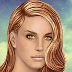 Žena so zlatými očami a vlnitými blond vlasmi na pozadí oblohy