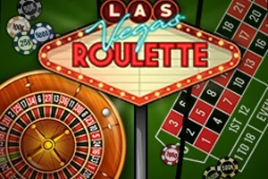 Ruletový stôl so žetónmi a ruletovým kolesom vedľa nápisu Las Vegas Roulette