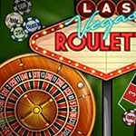 Ruletový stôl so žetónmi a ruletovým kolesom vedľa nápisu Las Vegas Roulette