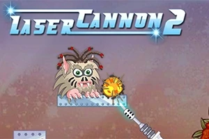 Kreslený tvor s hustou srsťou a vystrašenými očami stojí na kovovej plošine vedľa laserového dela