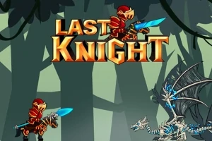 Rytier v červenom brnení so svetelným mečom stojí proti drakovi so skeletálnym telom, nad nimi je nápis LAST KNIGHT na pozadí lesa
