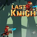 Rytier v červenom brnení so svetelným mečom stojí proti drakovi so skeletálnym telom, nad nimi je nápis LAST KNIGHT na pozadí lesa