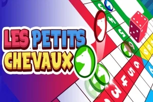 Farebná hracia doska s číslami, figúrkami v podobe koníkov a kockou vedľa nápisu Les Petits Chevaux
