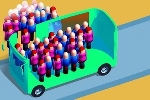 Farebný autobus plný farebných postavičiek na ceste