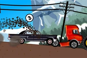 Čierne auto naráža do oranžového nákladného auta na kopcovitej ceste s elektrickými stĺpmi v pozadí