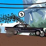 Čierne auto naráža do oranžového nákladného auta na kopcovitej ceste s elektrickými stĺpmi v pozadí