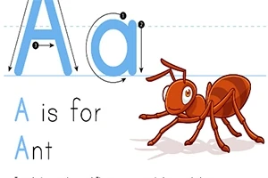 Písmeno A s karikatúrou mravca a textom A is for Ant