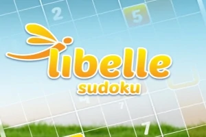 Názov Libelle Sudoku s logom vážky na pozadí mriežky s číslami a modrou oblohou