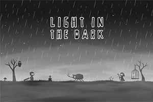 Siluety postáv a stromov v daždivom čiernobielom prostredí s nápisom Light in the Dark
