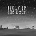 Siluety postáv a stromov v daždivom čiernobielom prostredí s nápisom Light in the Dark