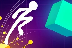Biela silueta postavy skáče cez farebnú kocku na tmavom pozadí s geometrickými prvkami