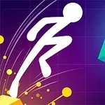 Biela silueta postavy skáče cez farebnú kocku na tmavom pozadí s geometrickými prvkami