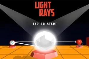 Veľký svetelný kryštál na oranžovej mriežkovanej ploche medzi dvoma svetelnými zdrojmi, text „Light Rays“ a „Tap to Start“