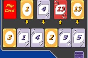 Karty s číslami 1, 3, 4, 9, 13 a nápisom Flip Card na červenej karte na tmavom pozadí s farebnými šípkami